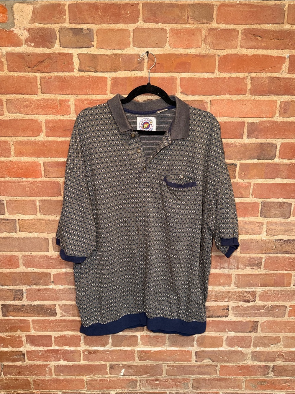 Men's Patterned Grey Polo with Navy Trim Vintage 2XL Cotton Mix Casino